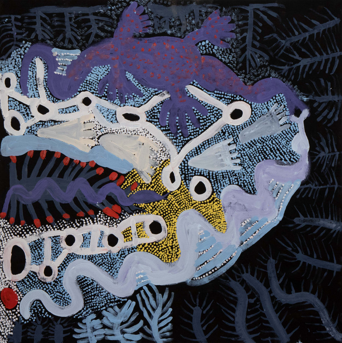 Doris Bush- Bush Mangarri Tjuta & Pilkati anta rumiya. (All the bush food and the snake and goanna.) by Doris Bush Nungarrayi